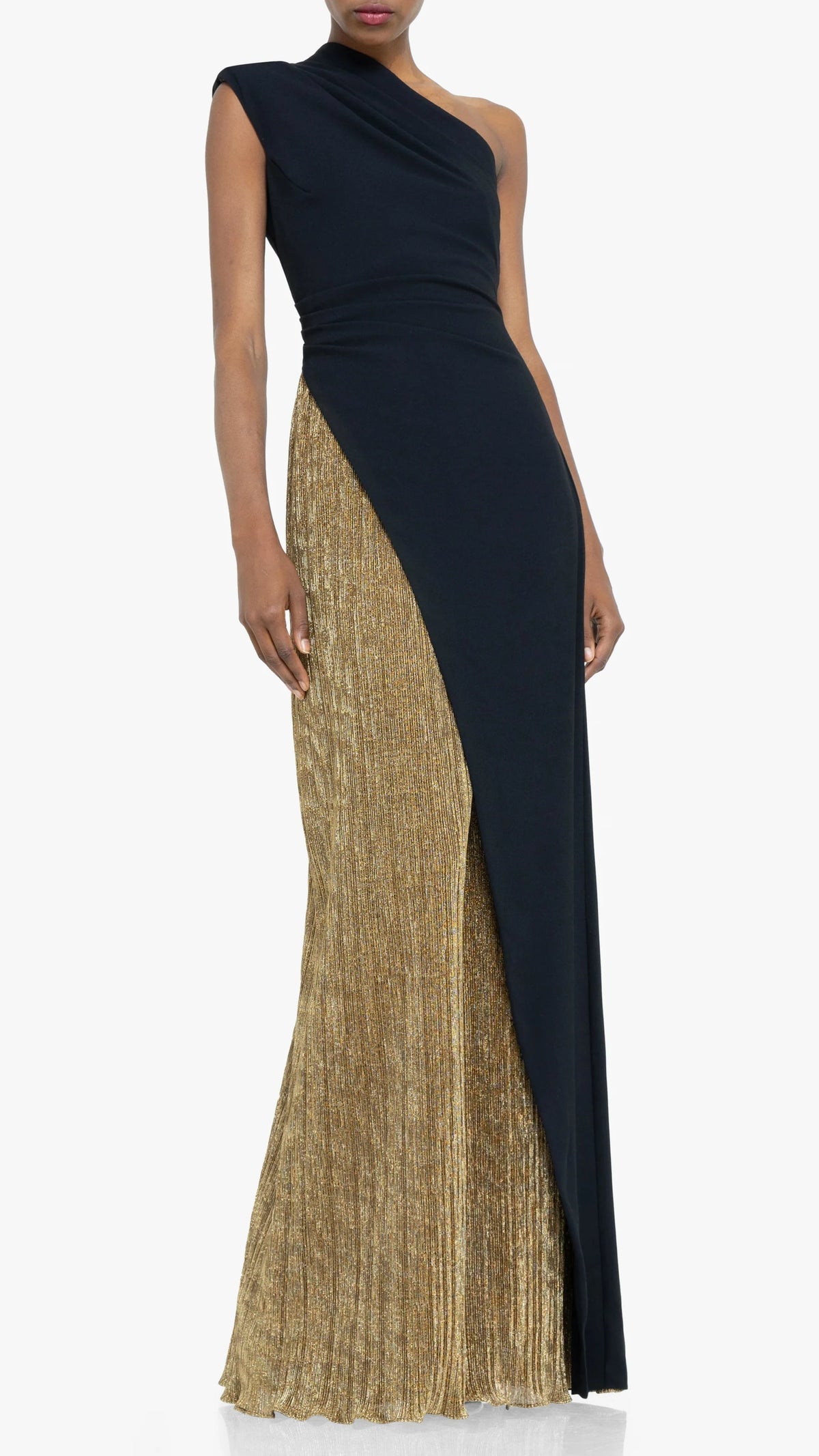 Black Halo Marigold One Shoulder Gown in Glimmer Gold