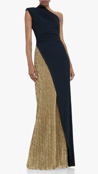 Black Halo Marigold One Shoulder Gown in Glimmer Gold