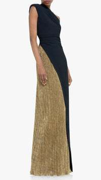 Black Halo Marigold One Shoulder Gown in Glimmer Gold