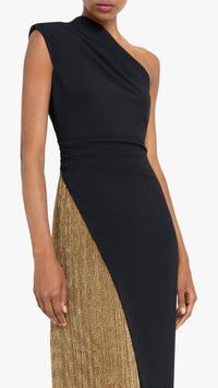 Black Halo Marigold One Shoulder Gown in Glimmer Gold