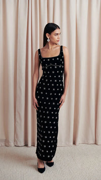 Saylor Emrys Velvet Beaded Midi Dress in Black