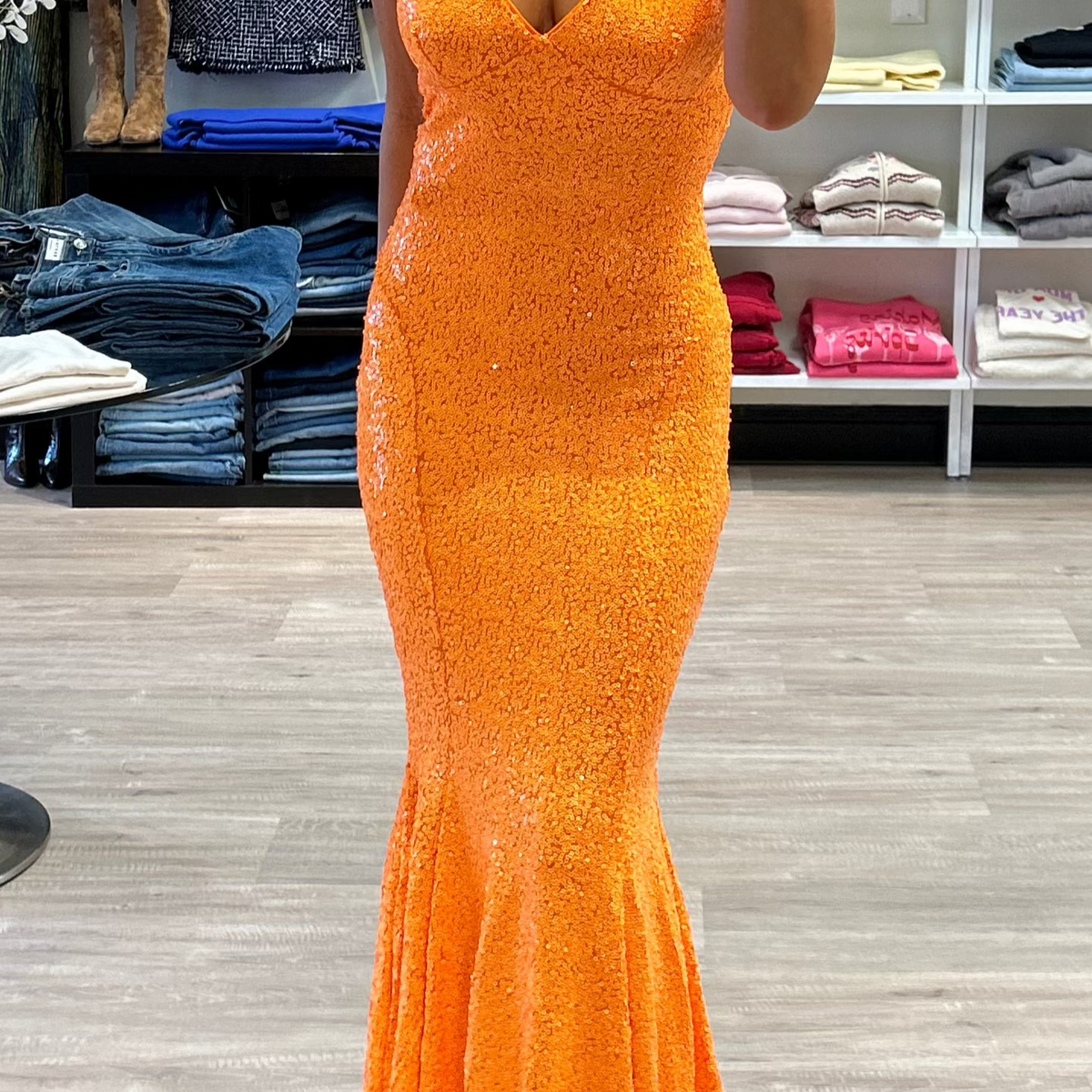 Norma Kamali Sequin Low Back Slip Mermaid Fishtail Gown in Neon Orange   Suite 201
