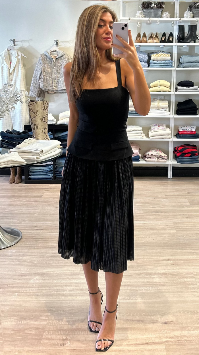 Black Halo Noemia Pleated Belted Midi Dress in Black