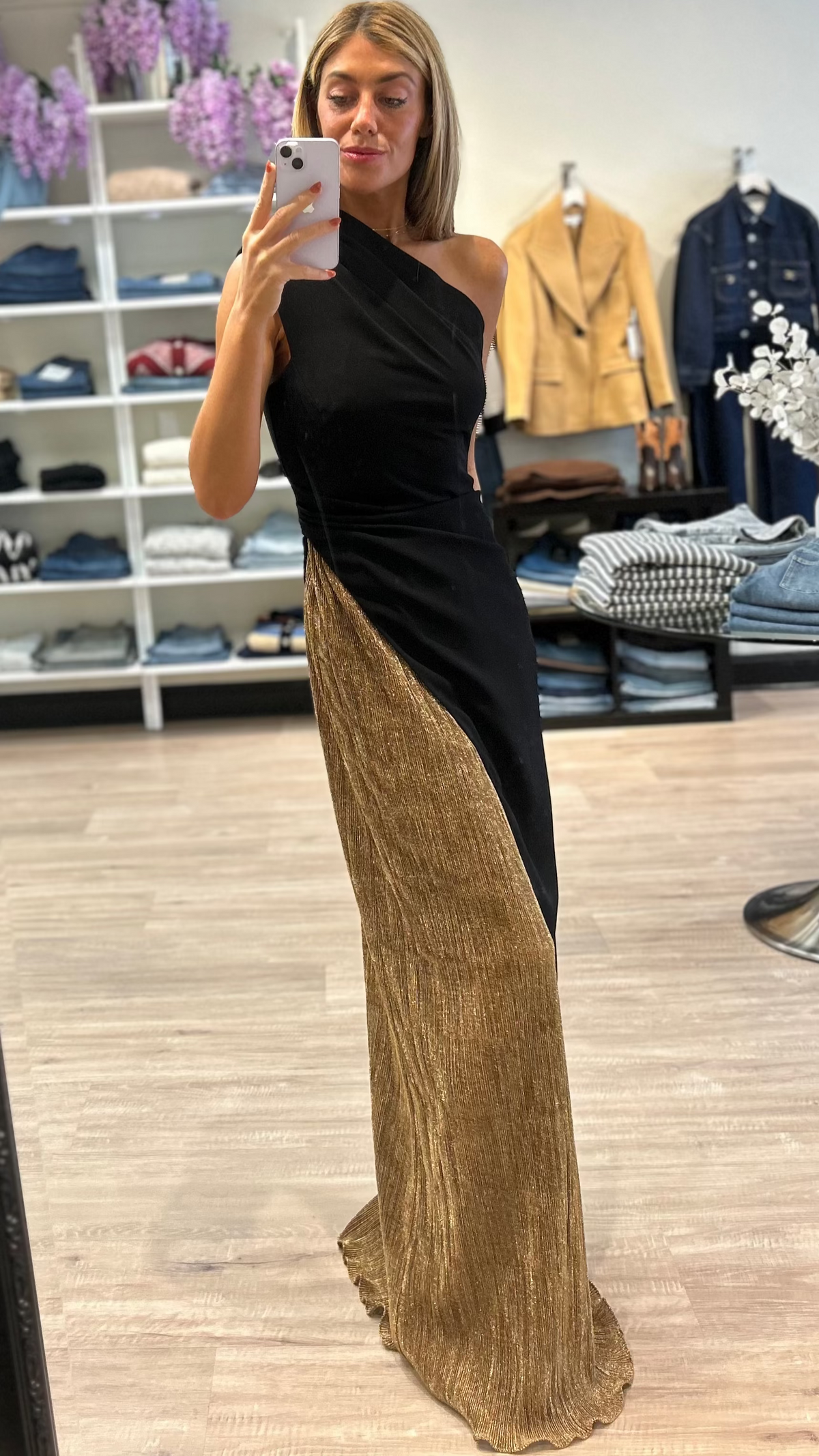 Black Halo Marigold One Shoulder Gown in Glimmer Gold