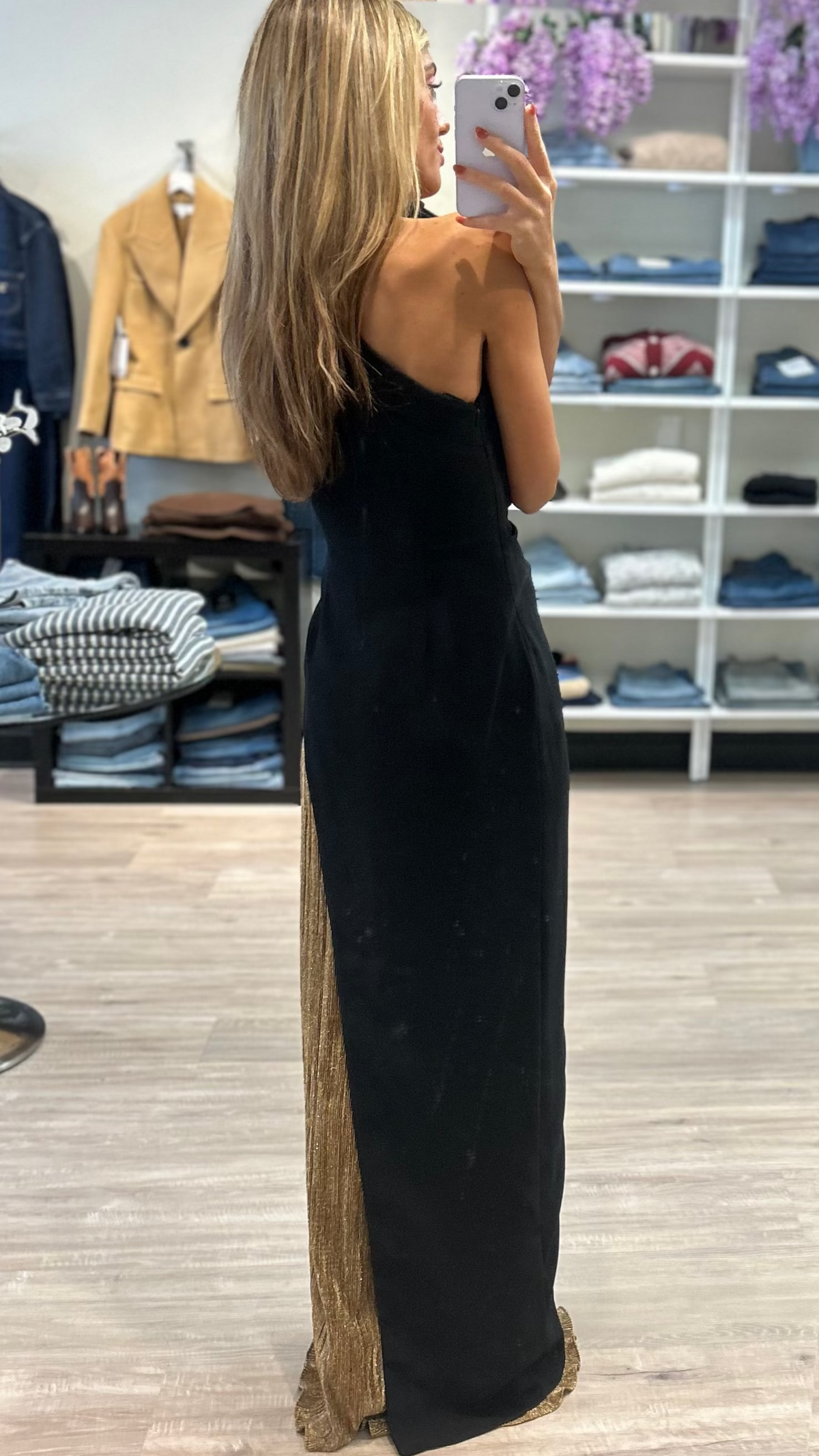 Black Halo Marigold One Shoulder Gown in Glimmer Gold