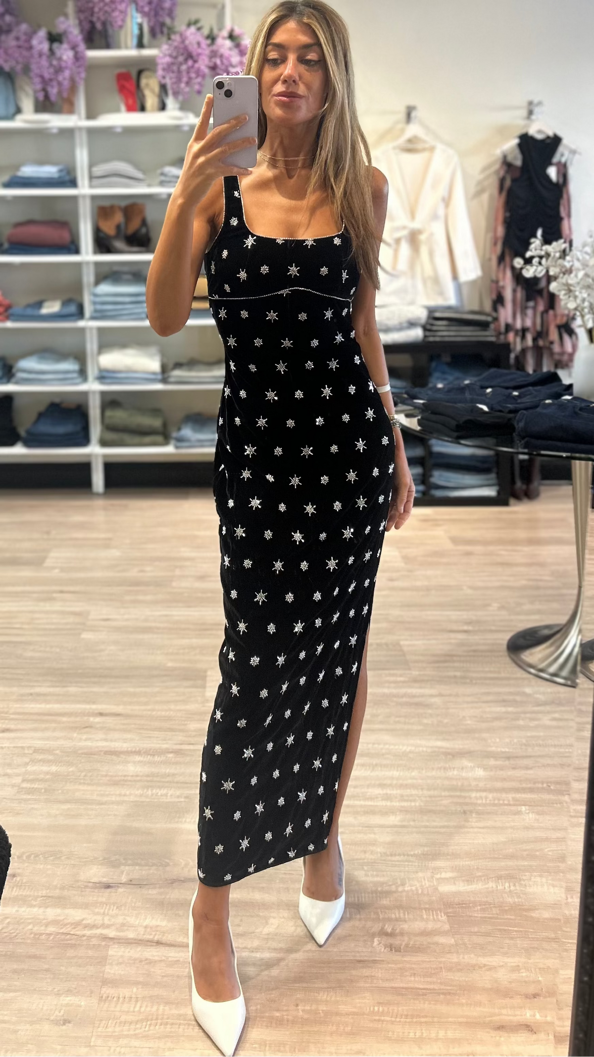 Saylor Emrys Velvet Beaded Midi Dress in Black