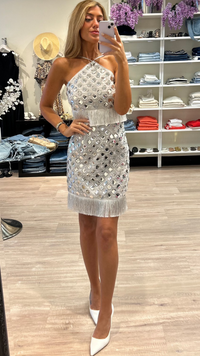 Saylor Hezly Sequin Fringe Mini Dress in Silver