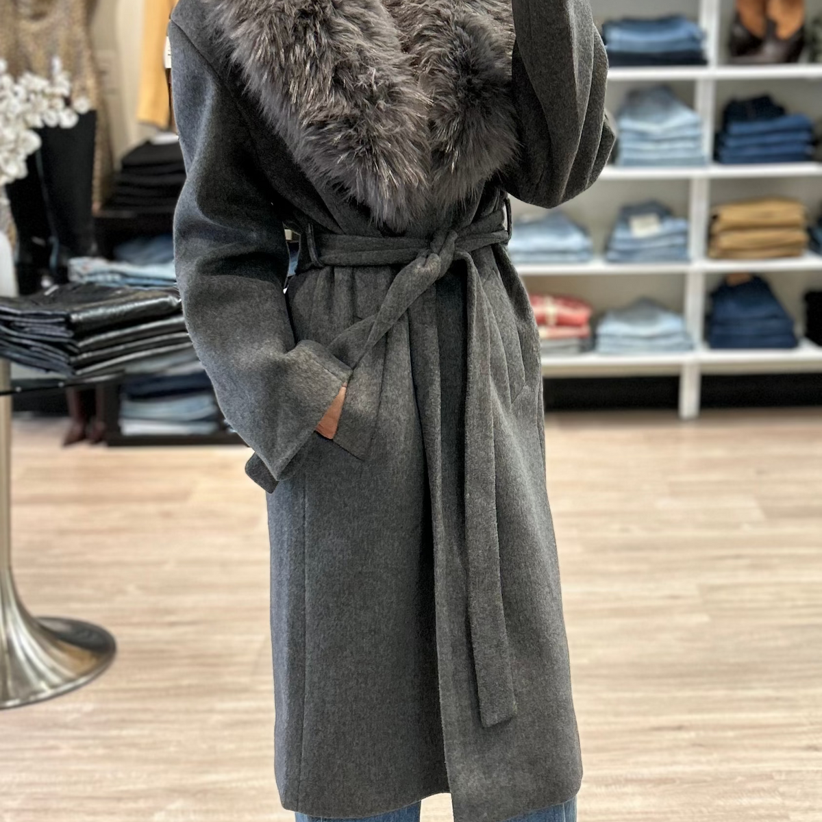 Lamarque Tillie Brushed Wool Belted Coat with Faux Fur Trim in