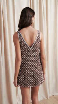 Saylor Jeanette Daisy Beaded Sequin Mini Dress in Chocolate