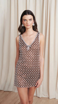 Saylor Jeanette Daisy Beaded Sequin Mini Dress in Chocolate