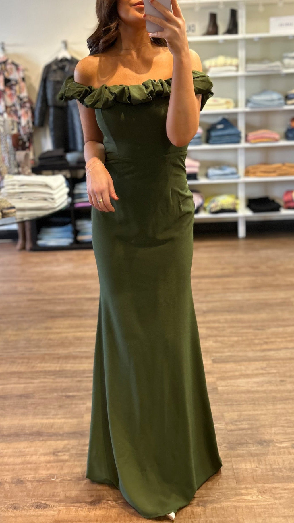 Maniju Ruffle Off the Shoulder Gown in Olive – Suite 201