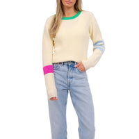Central Park West Clementine Crew Neck Arm Stripe Sweater in Ivory