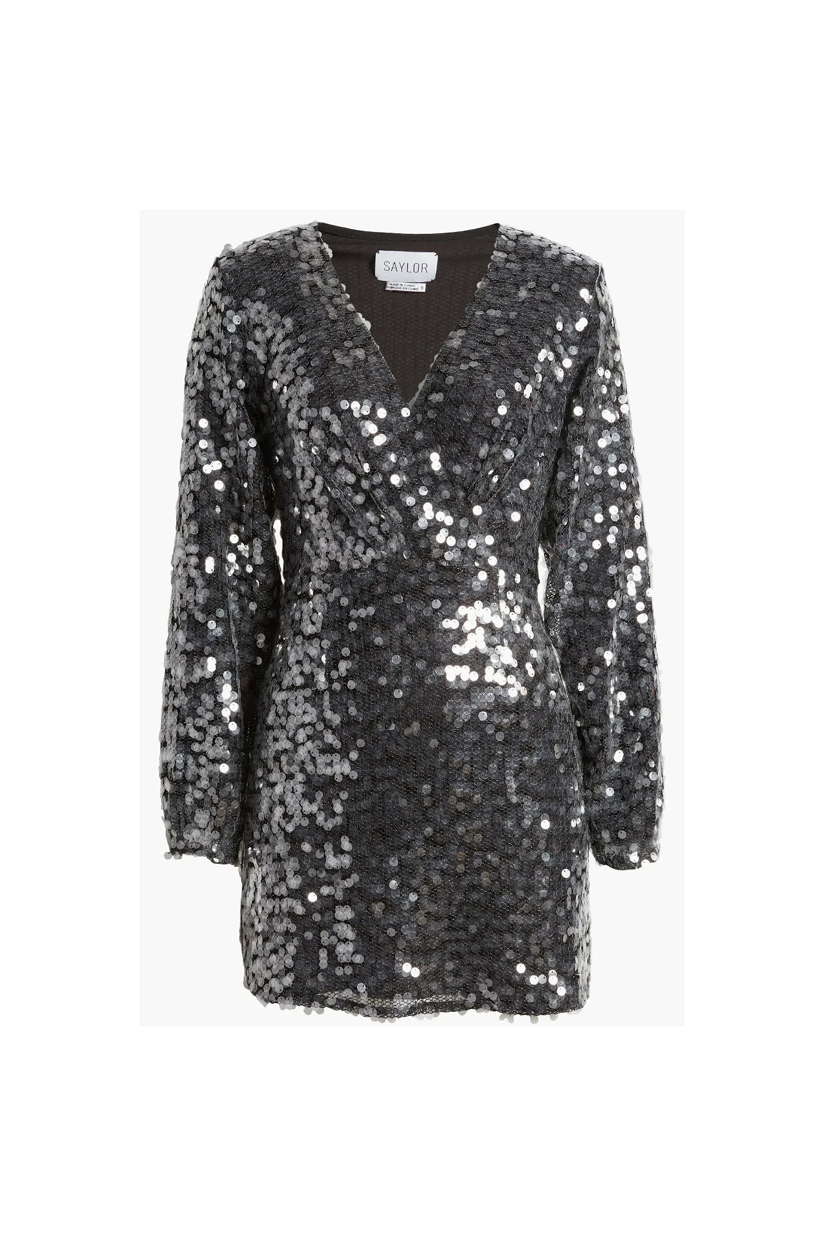 Saylor Rina Mesh Long Sleeve Sequin Mini Dress in Pewter