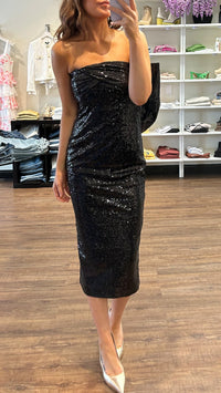 Toccin Loulou Sequined Bow-Back Midi-Dress in Black