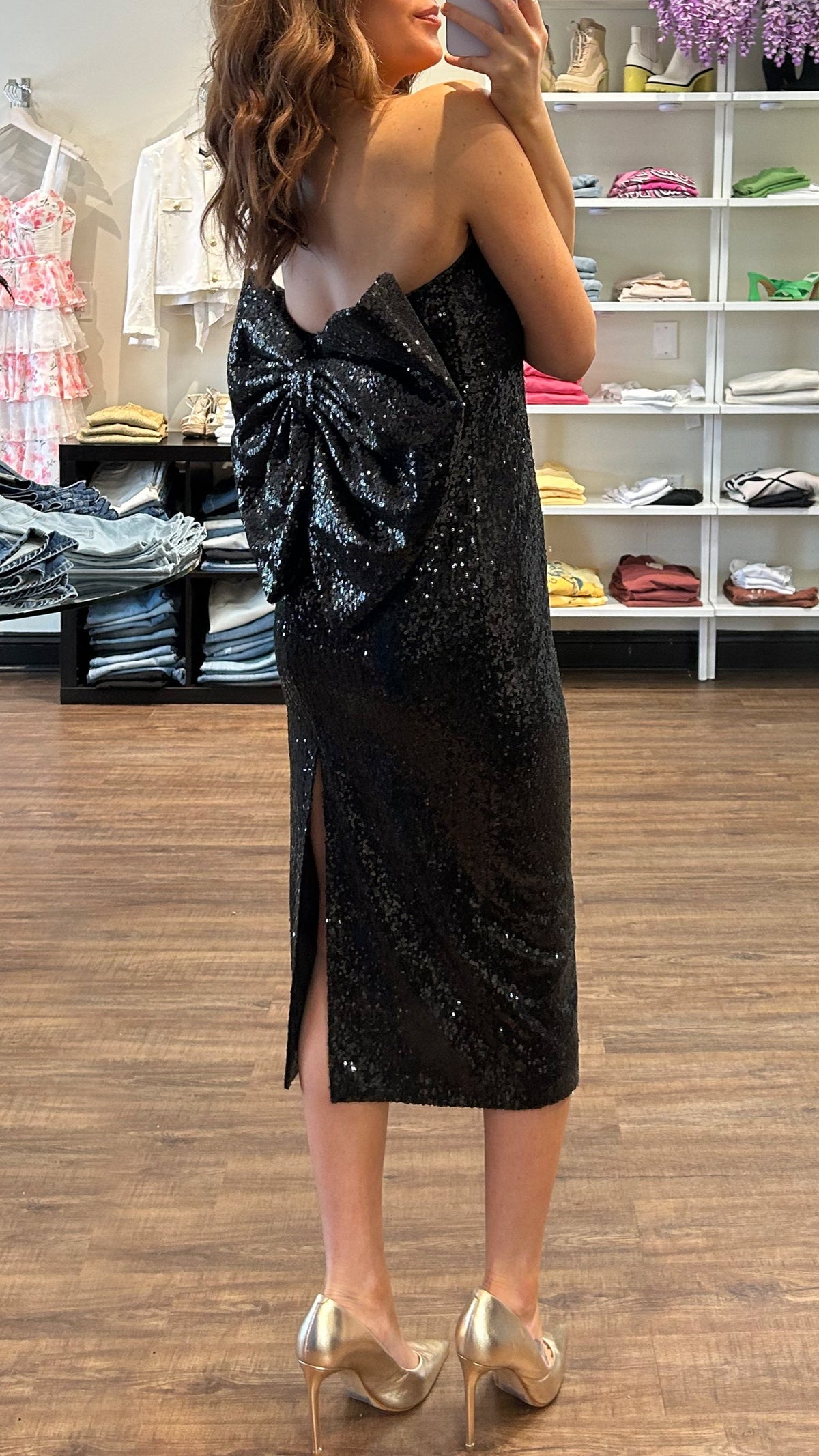 Toccin Loulou Sequined Bow-Back Midi-Dress in Black