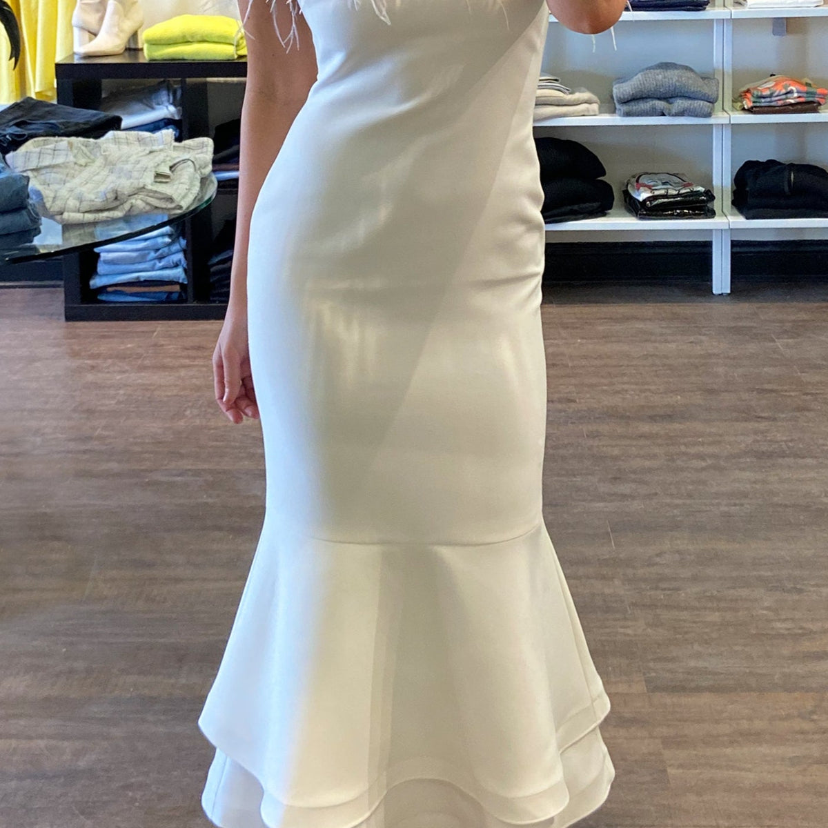 Likely Aurora Feather Trumpet Midi Dress in White – Suite 201