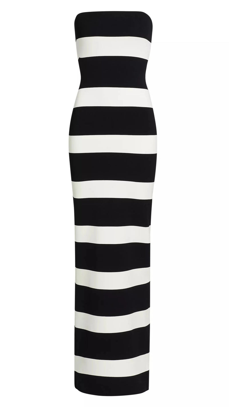 Ronny Kobo Lehua Strapless Knit Gown in Black/White Stripe
