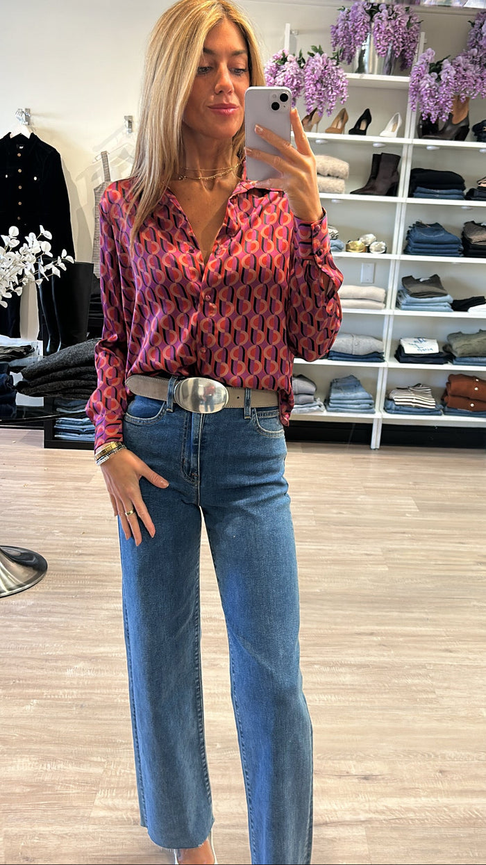 Misa Celine Satin Button Down Blouse in Geo Sixty