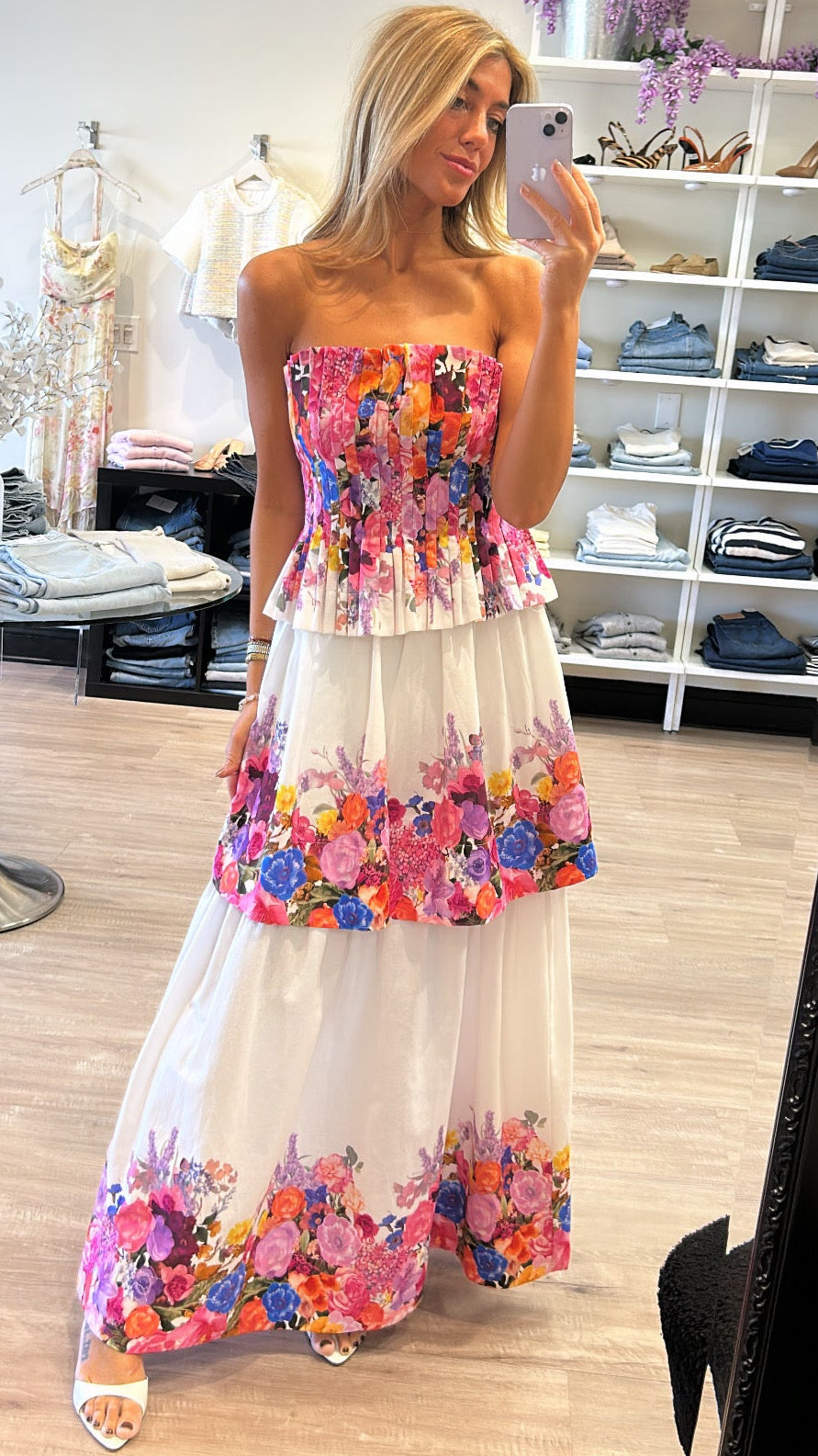 Elliatt Alice Strapless Tiered Gown in White Multi – Suite 201