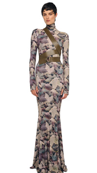 Norma Kamali Long Sleeve Turtle Fishtail Gown in Autumn Leaves