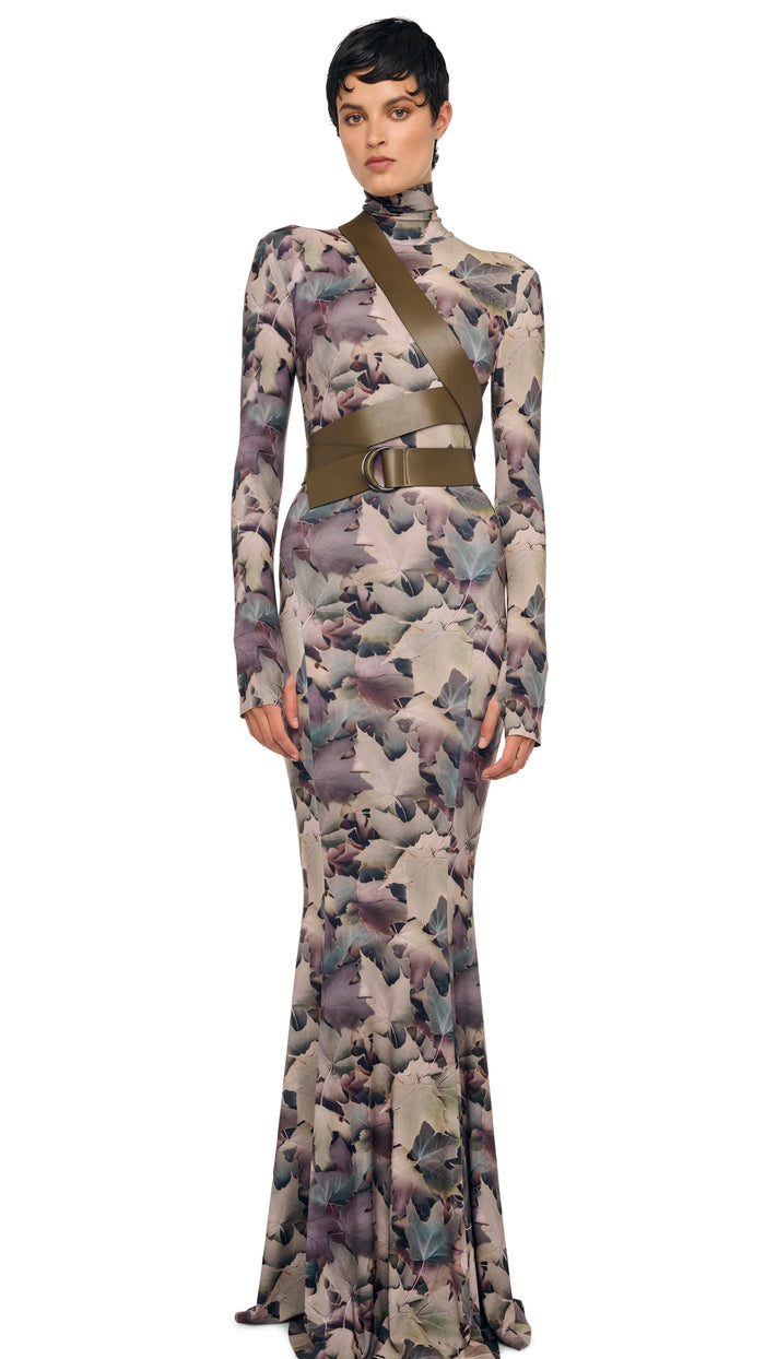Norma Kamali Long Sleeve Turtle Fishtail Gown in Autumn Leaves