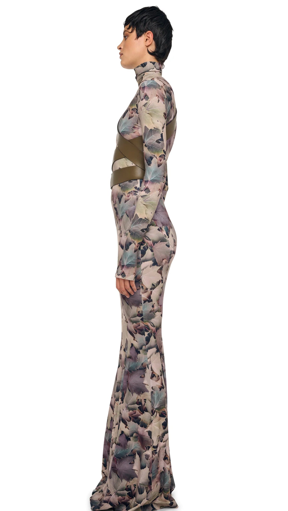 Norma Kamali Long Sleeve Turtle Fishtail Gown in Autumn Leaves