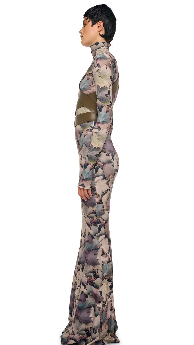 Norma Kamali Long Sleeve Turtle Fishtail Gown in Autumn Leaves