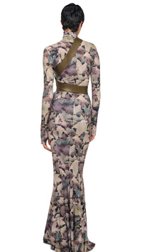 Norma Kamali Long Sleeve Turtle Fishtail Gown in Autumn Leaves