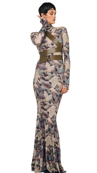 Norma Kamali Long Sleeve Turtle Fishtail Gown in Autumn Leaves