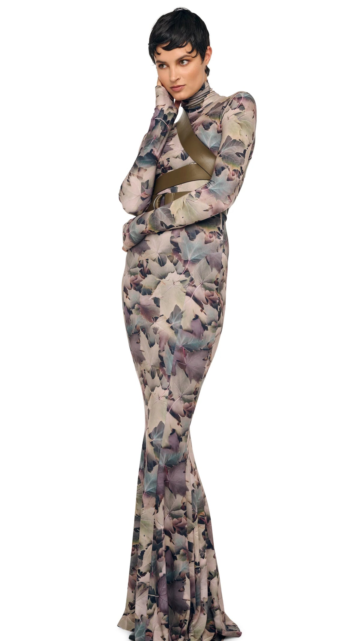 Norma Kamali Long Sleeve Turtle Fishtail Gown in Autumn Leaves