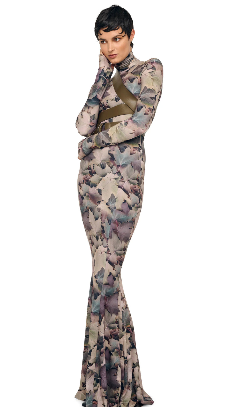 Norma Kamali Long Sleeve Turtle Fishtail Gown in Autumn Leaves
