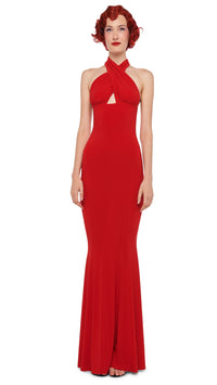 Norma Kamali Criss Cross Halter Gown in Tiger Red
