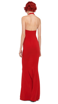 Norma Kamali Criss Cross Halter Gown in Tiger Red