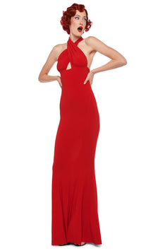 Norma Kamali Criss Cross Halter Gown in Tiger Red