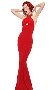 Norma Kamali Criss Cross Halter Gown in Tiger Red