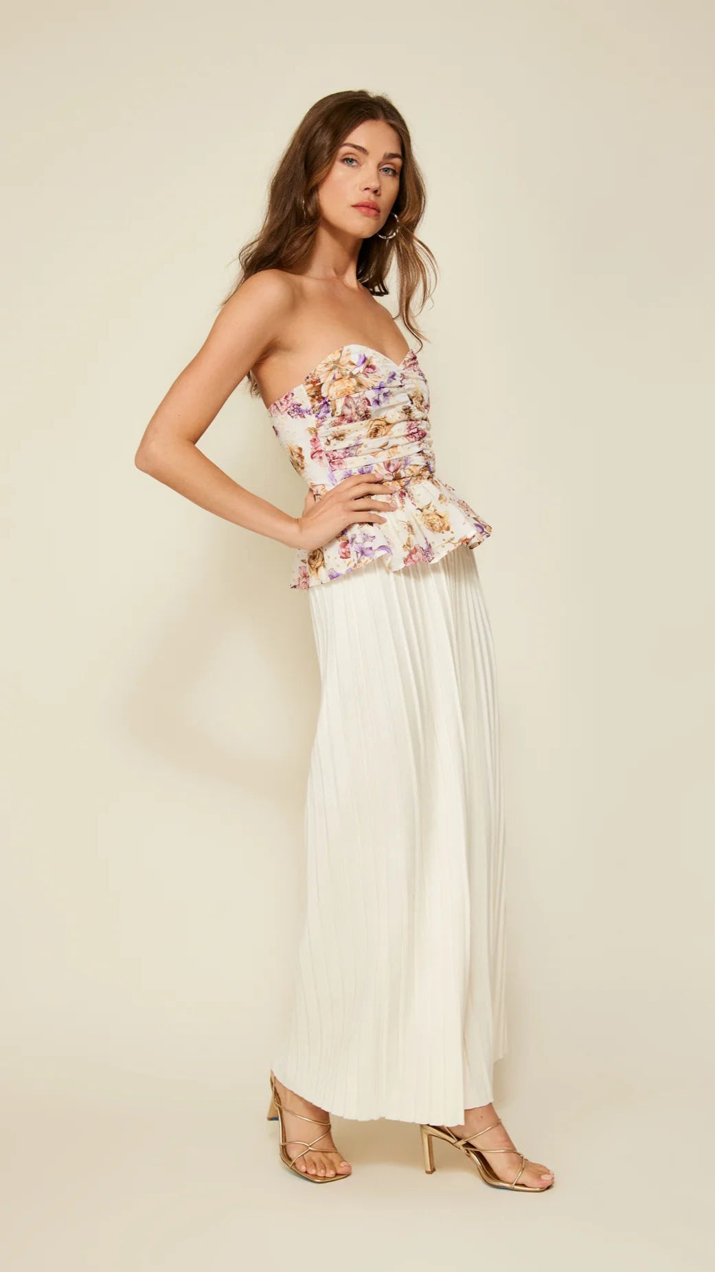 Line and Dot Floret Strapless Peplum Top in Pink Multi