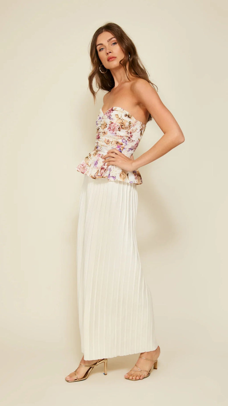 Line and Dot Floret Strapless Peplum Top in Pink Multi
