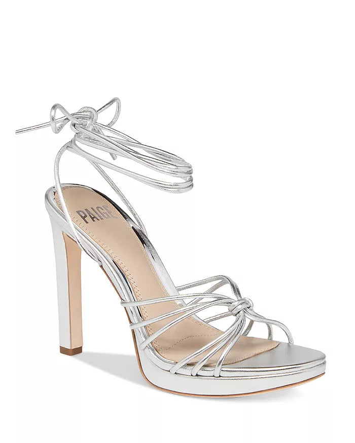 Paige Denim Viola Ankle Tie Strappy High Heel Sandals in Silver