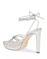 Paige Denim Viola Ankle Tie Strappy High Heel Sandals in Silver