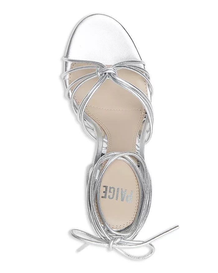 Paige Denim Viola Ankle Tie Strappy High Heel Sandals in Silver