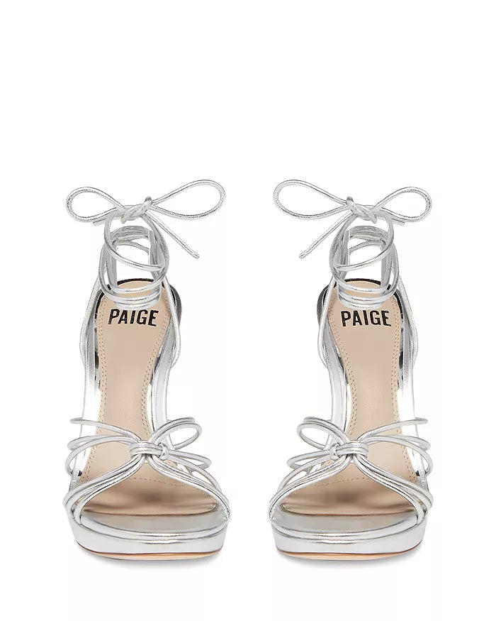 Paige Denim Viola Ankle Tie Strappy High Heel Sandals in Silver