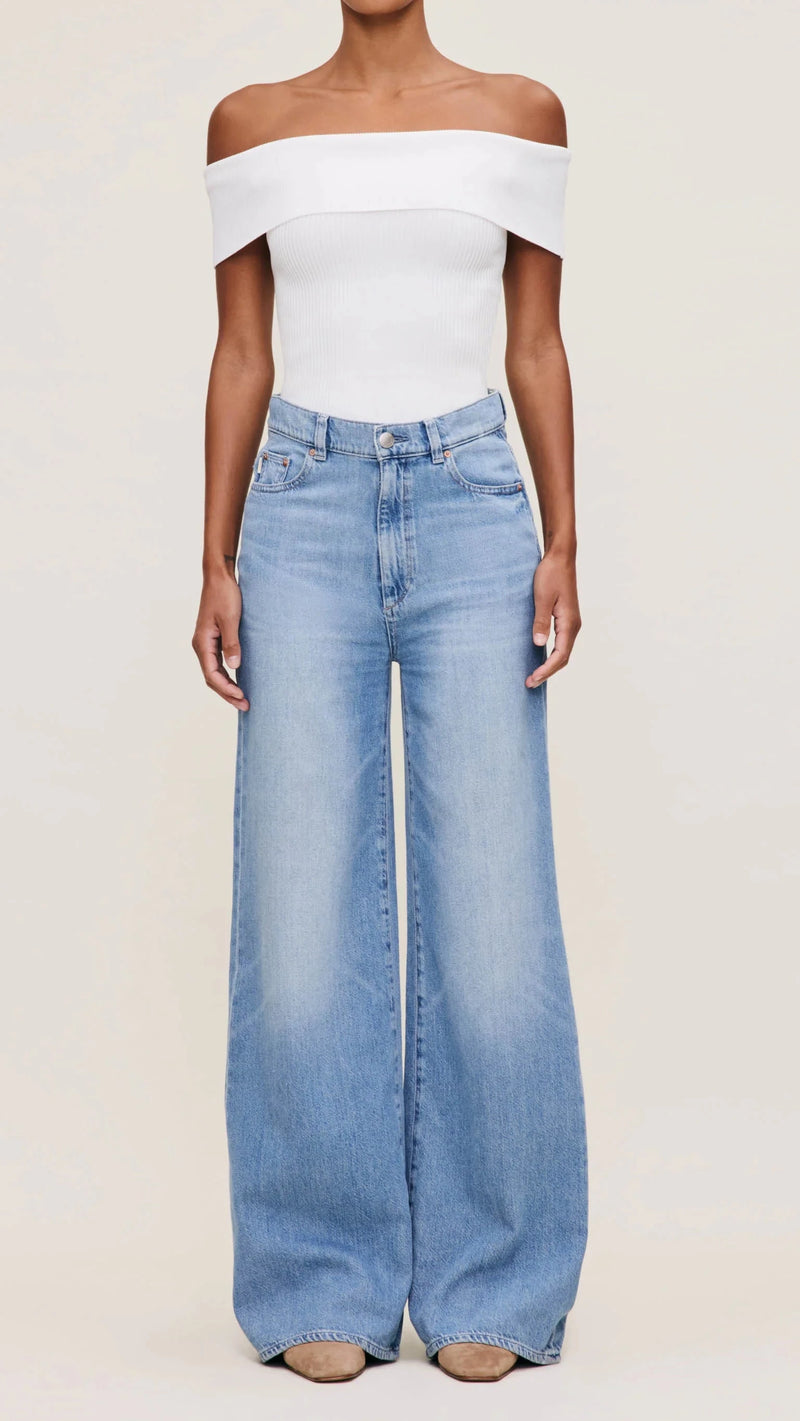 DL1961 Denim Off The Shoulder Knit Top in White