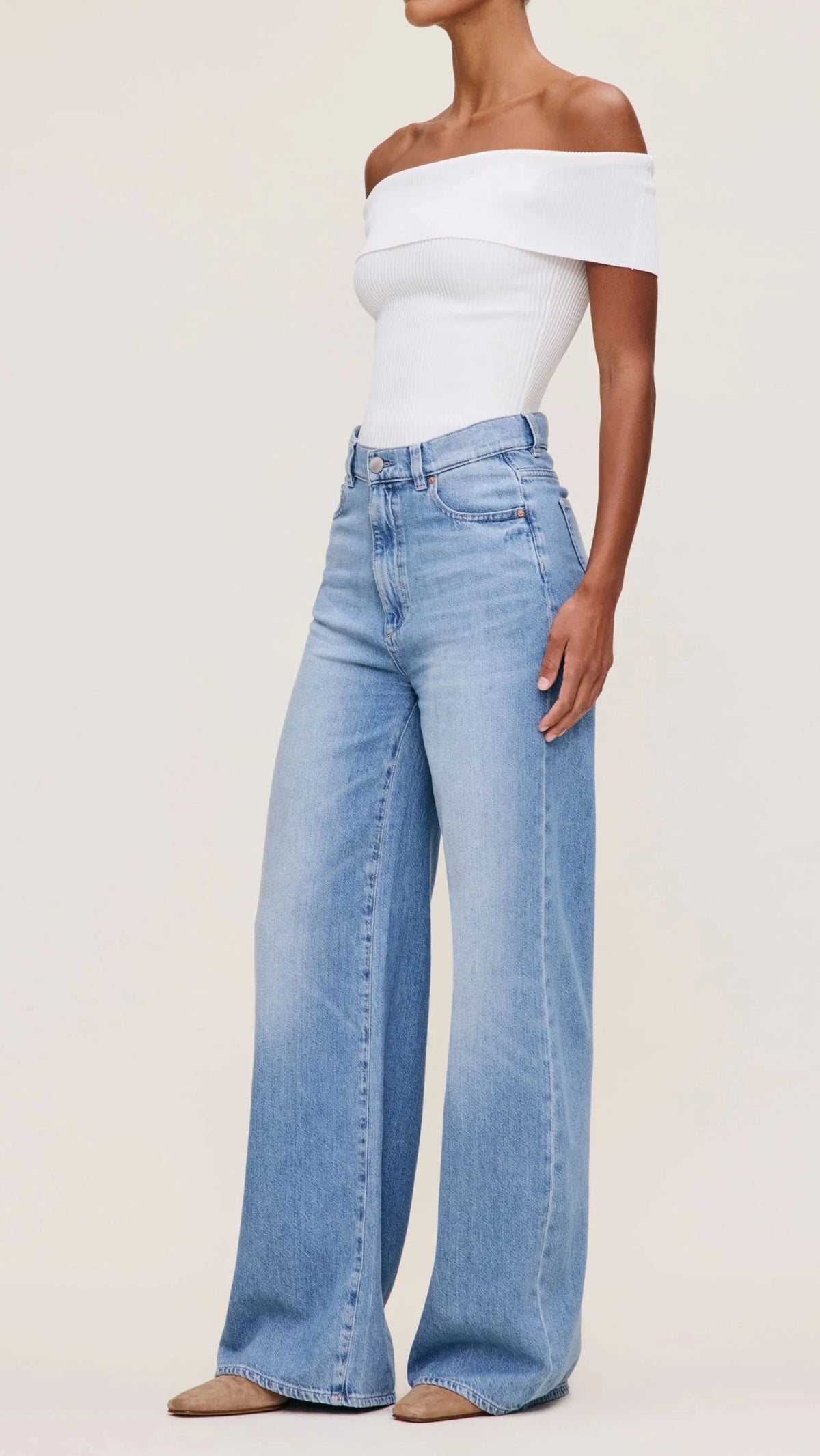 DL1961 Denim Off The Shoulder Knit Top in White