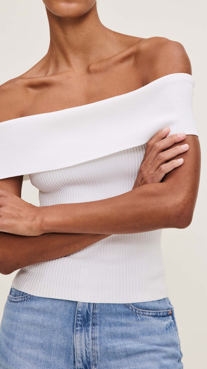 DL1961 Denim Off The Shoulder Knit Top in White