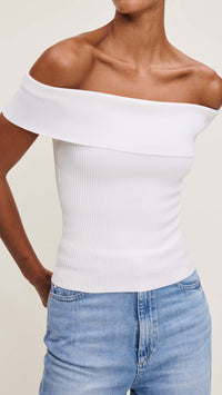 DL1961 Denim Off The Shoulder Knit Top in White