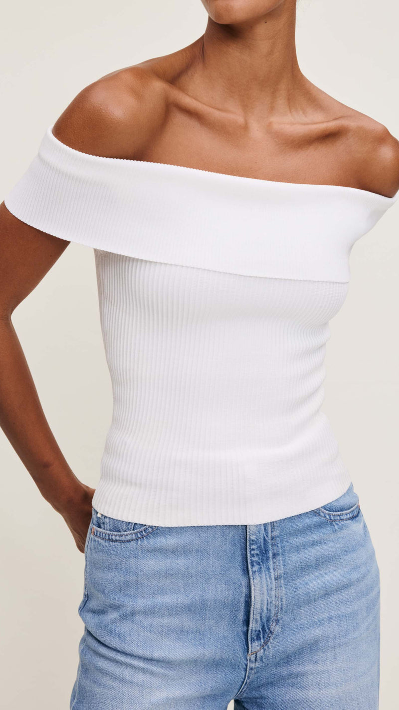 DL1961 Denim Off The Shoulder Knit Top in White