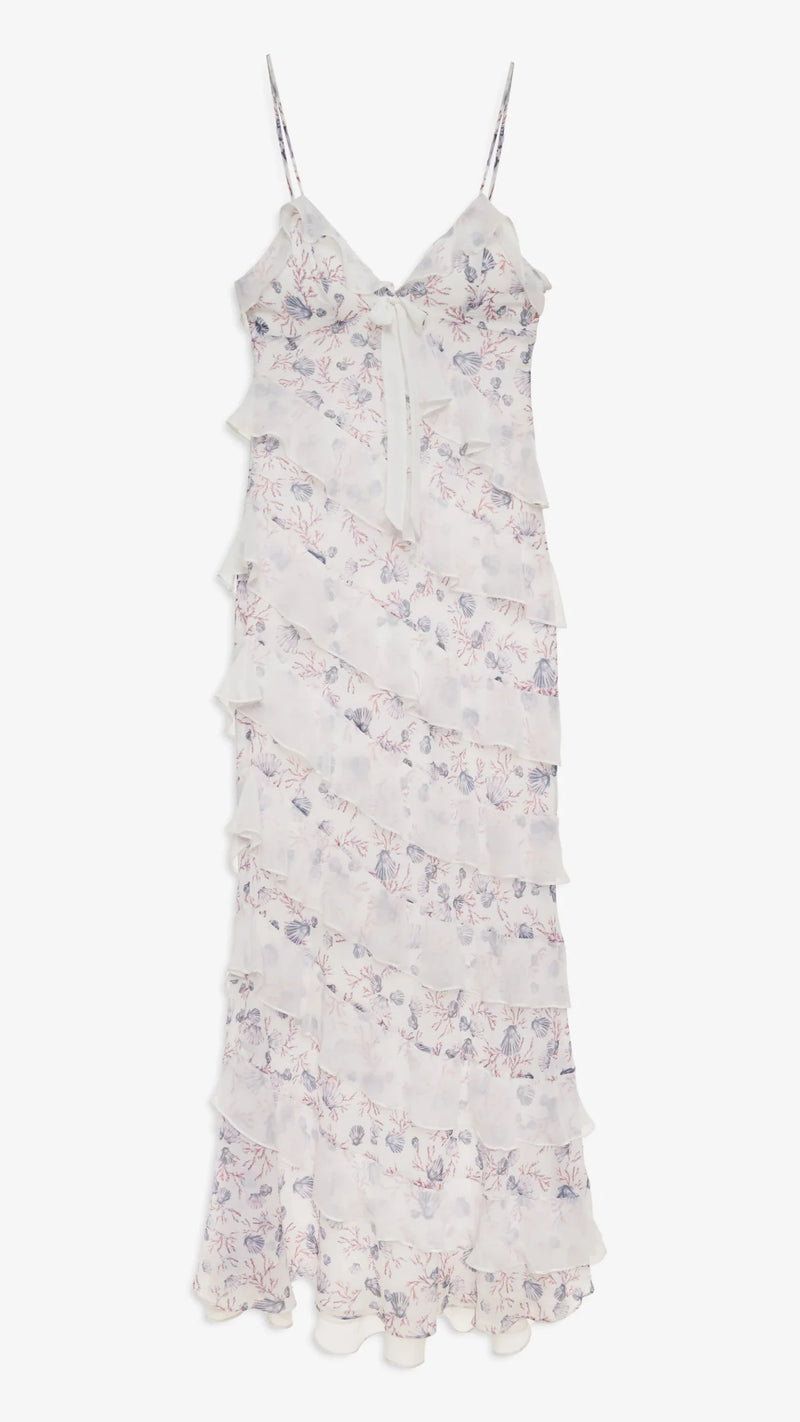 For Love & Lemons Debby Ruffled Maxi Dress in White