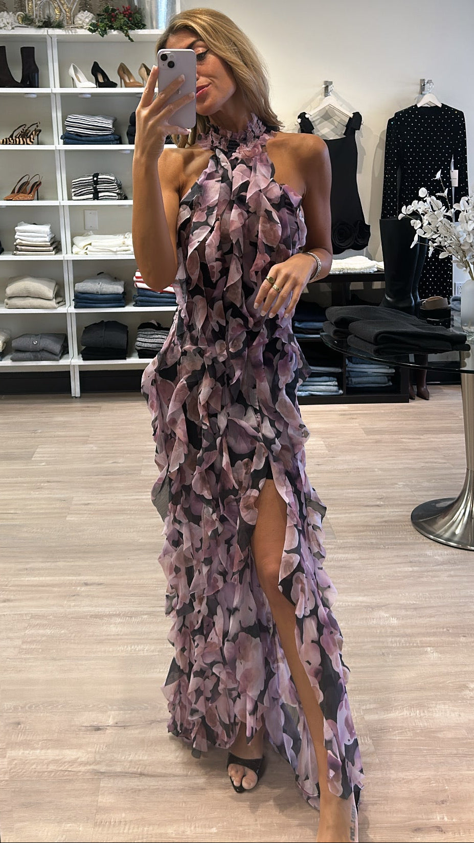 Elliatt Solene Halter Gown in Purple Floral