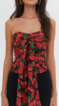 For Love & Lemons Abby Strapless Top in Red Floral