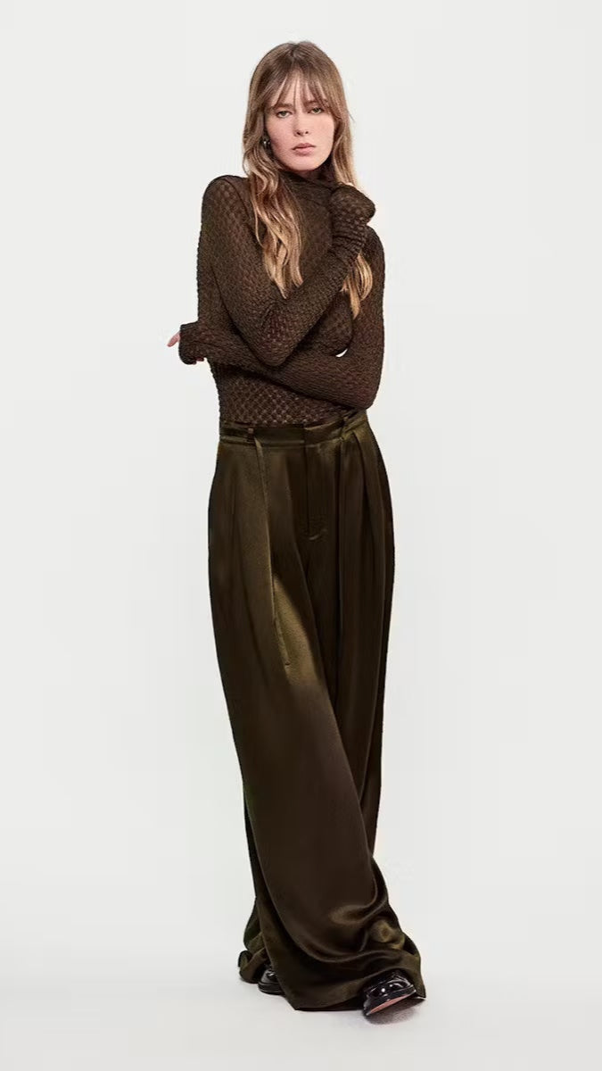 Frame Denim Long Silk Trouser Pants in Rich Military